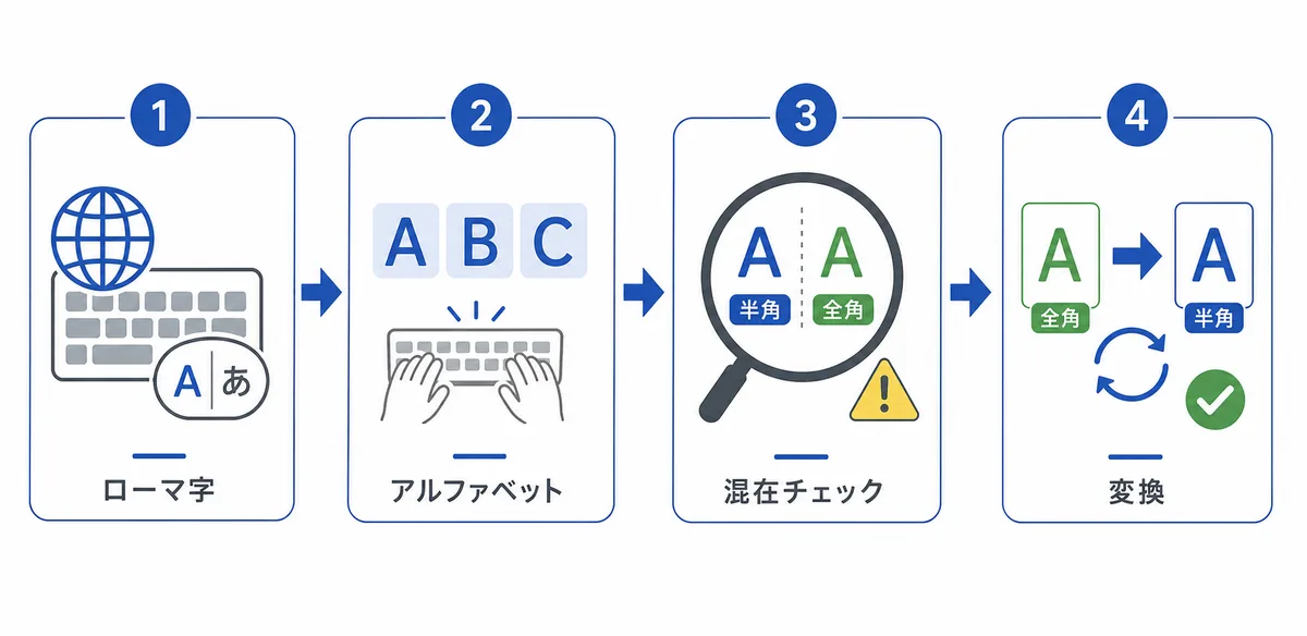 半角ローマ字入力でキーボード選択、アルファベット入力、全角混入チェック、変換を行う流れ